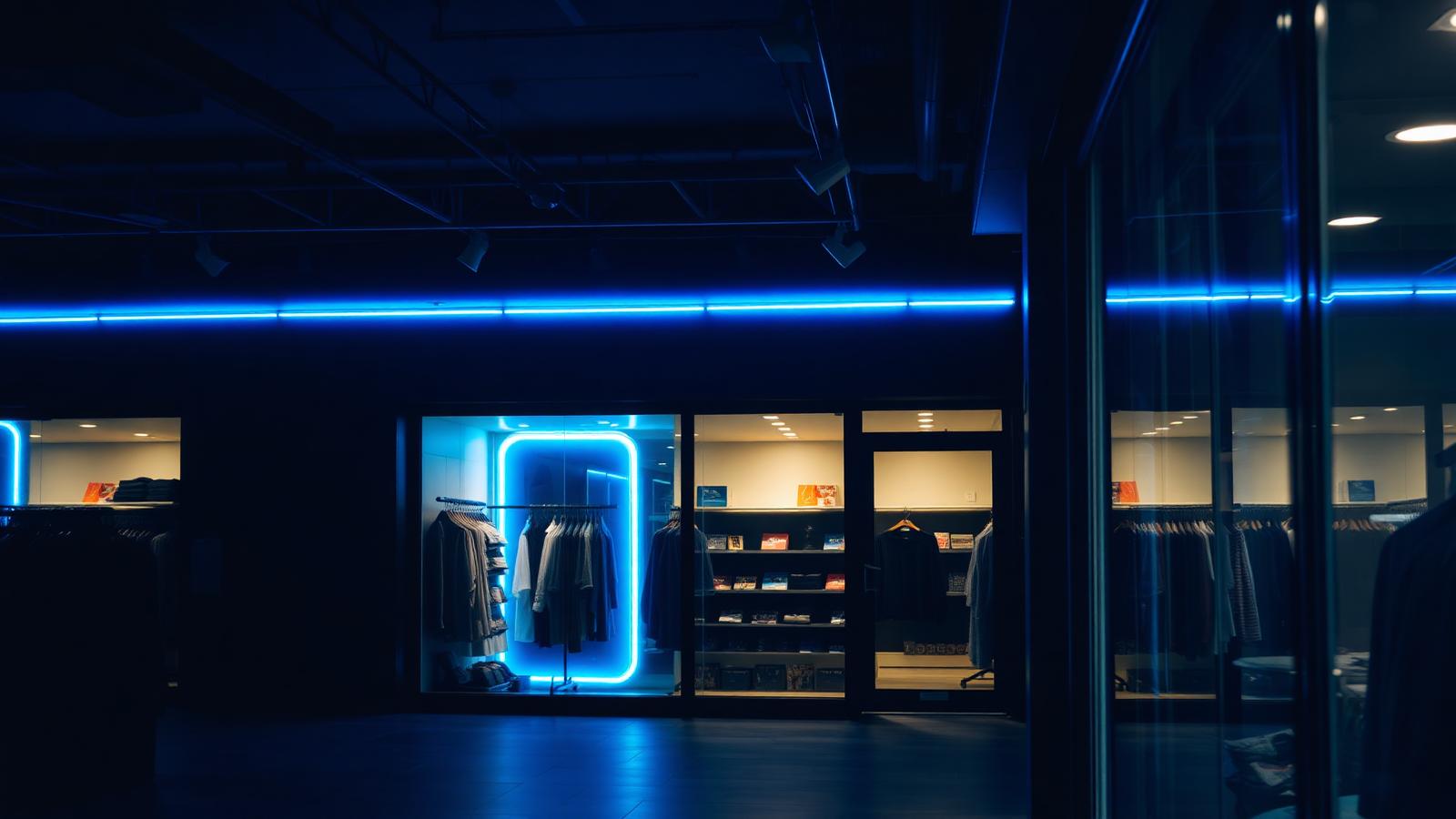 Modern retail unit interior at night with display lighting and shopfront glazing