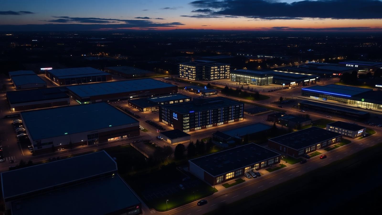 UK commercial property estate with warehouses, offices and retail units at dusk