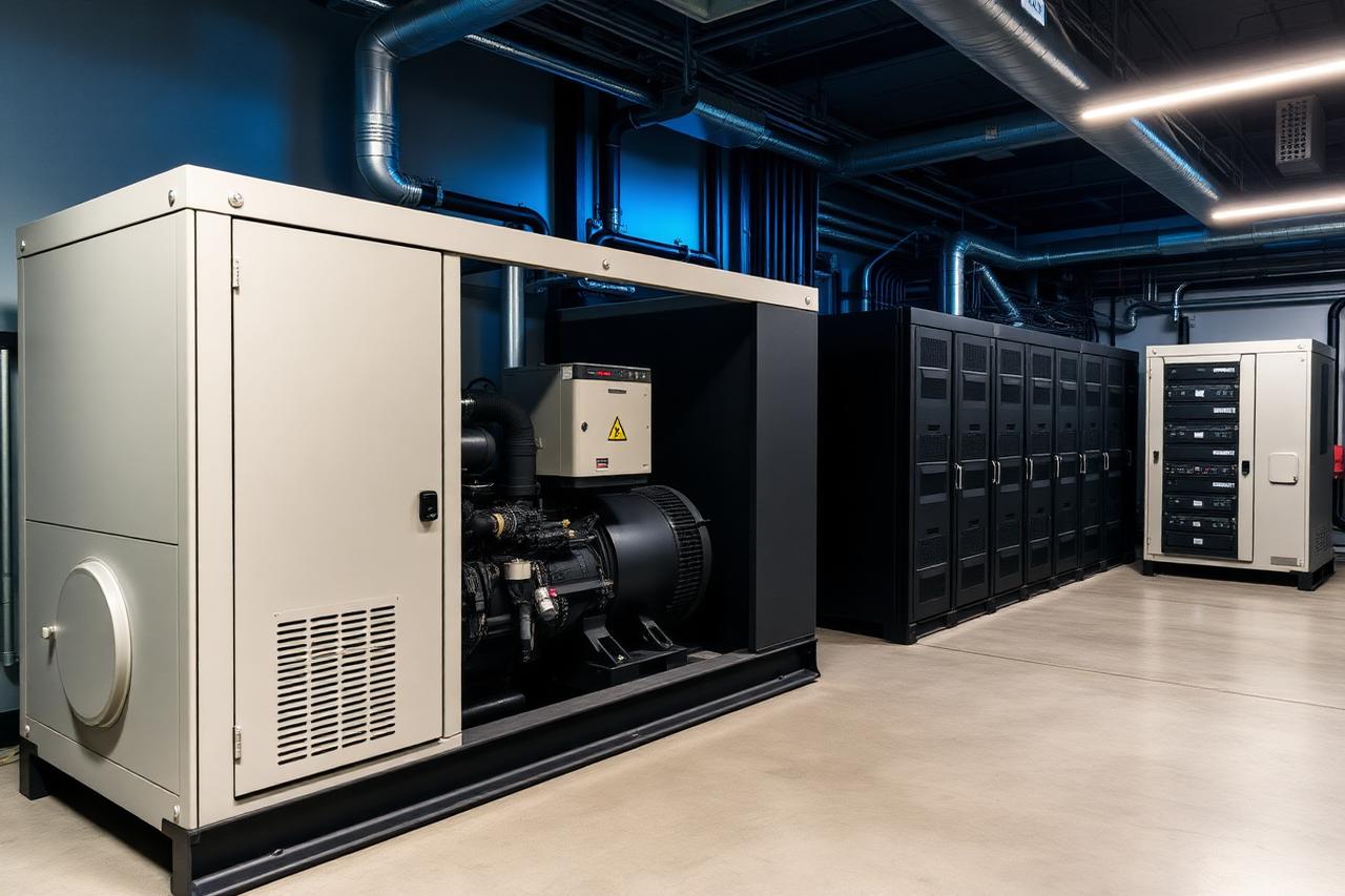 Standby generator enclosure alongside UPS and battery cabinets in a plant room