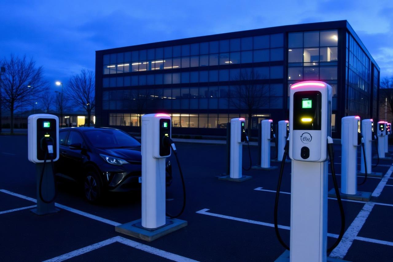 Row of commercial electric vehicle charging points in a business car park at dusk